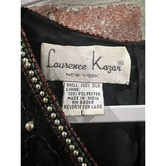 Vintage Laurence Kazar Black Beaded Silk Top Poinsettia Flowers Size Large - Picture 8 of 9